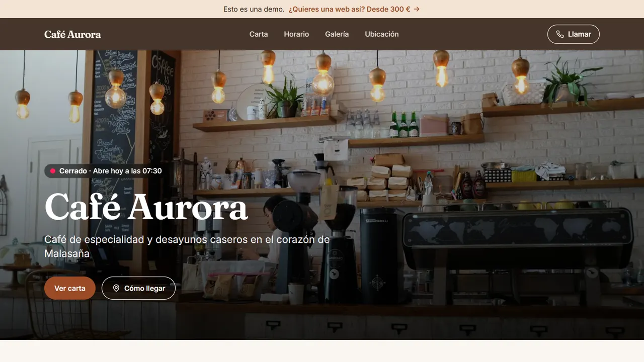 Captura de la web de demostración de Café Aurora