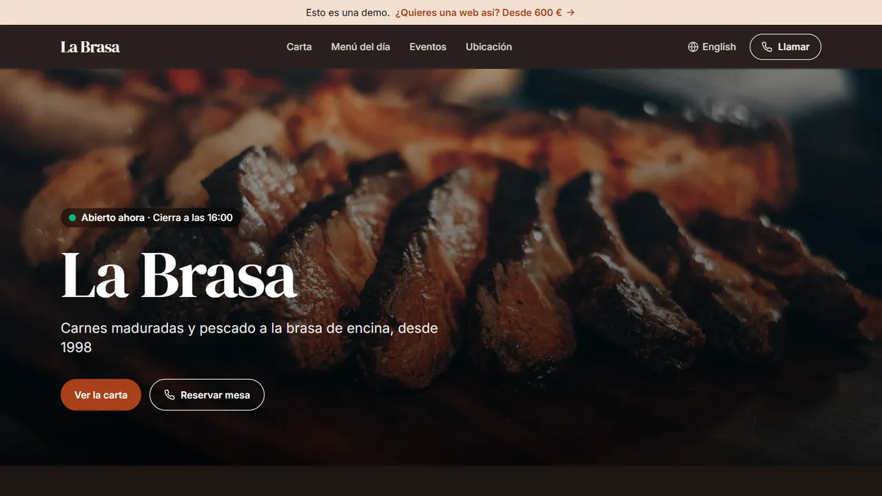 Captura de la web de demostración del asador La Brasa